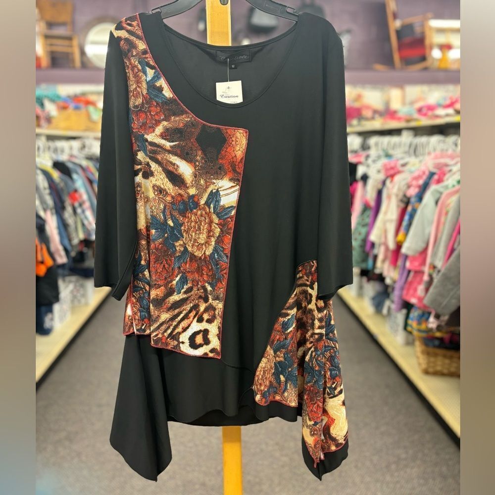 🛍️ Creation Ladies med Black & Earth tone Bloack Print Blouse NEW